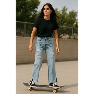 TAIGHT Casti Jeans Distressed Wide Leg Denim Jeans Sz 12 Frayed Hem Grunge Edgy